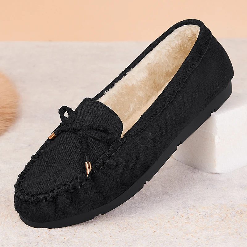 

Round Toe Slip On Shoes For Women Black Flats Casual Female Sneakers Bow-Knot Slip-on Winter Moccasin Butterfly Solid Slip-On Bu