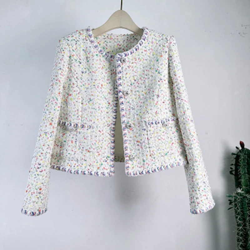 

2023 Autumn/Winter Korean Version Small Fragrance Style Jacket Women Temperament Diamond Buckle Color Braided Tweed Sequin Tops