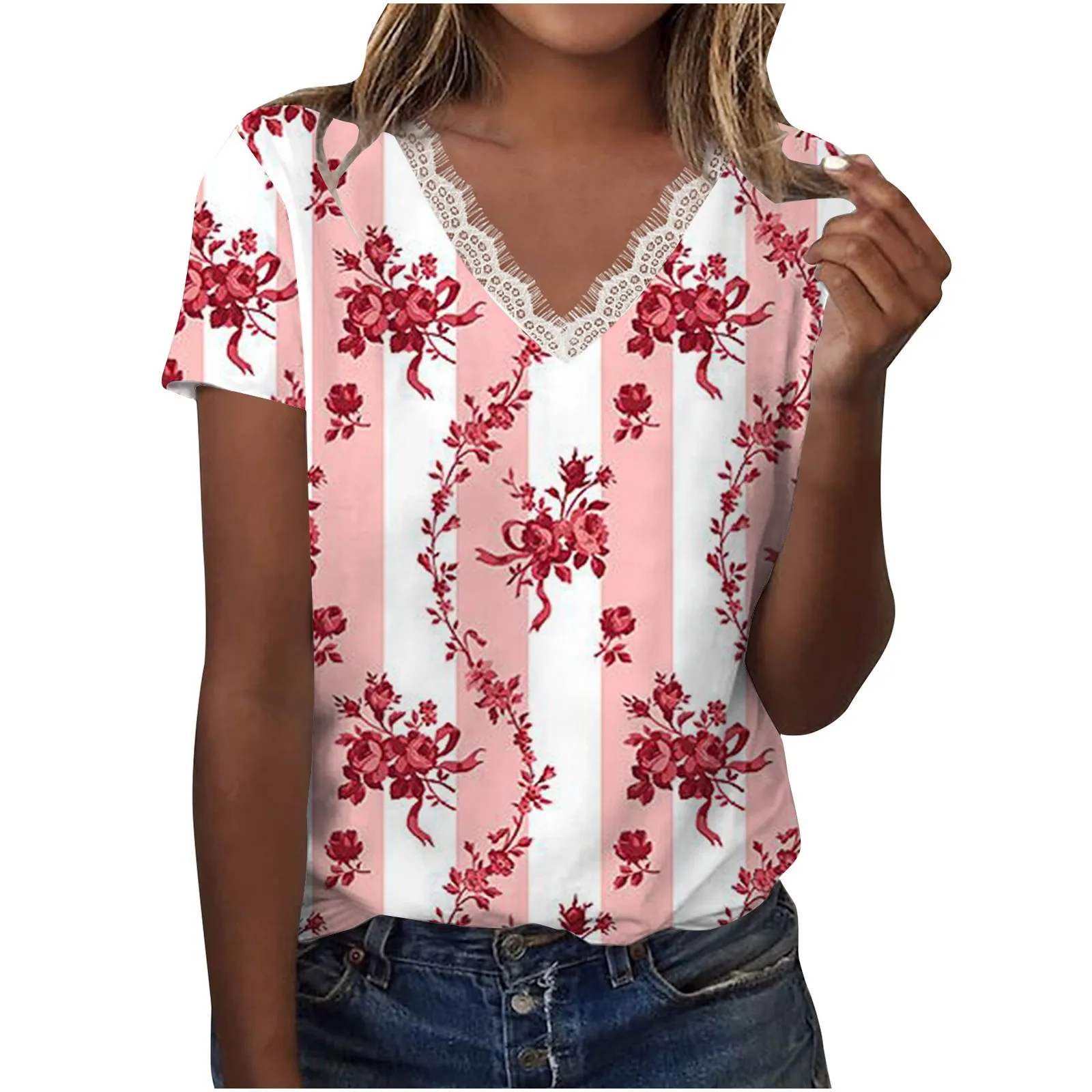 

Women Casual Loose Shirts V Neck Short Sleeve Flower Print Lace Tops T-Shirts Tee Top Women Fashion Woman Blouse 2023 T Shirt