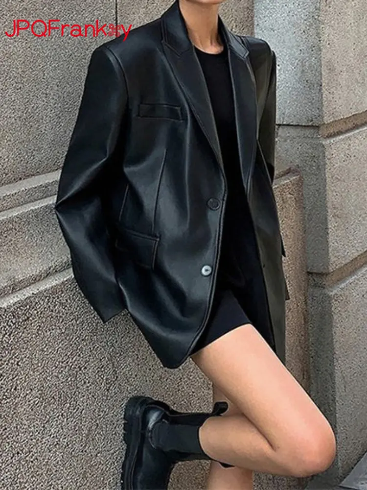 Black PU Suit Leather Coat Women's Spring and Autumn New Straight Tube Casual Relaxed High Grade Cardigan Jacket Top Fashion