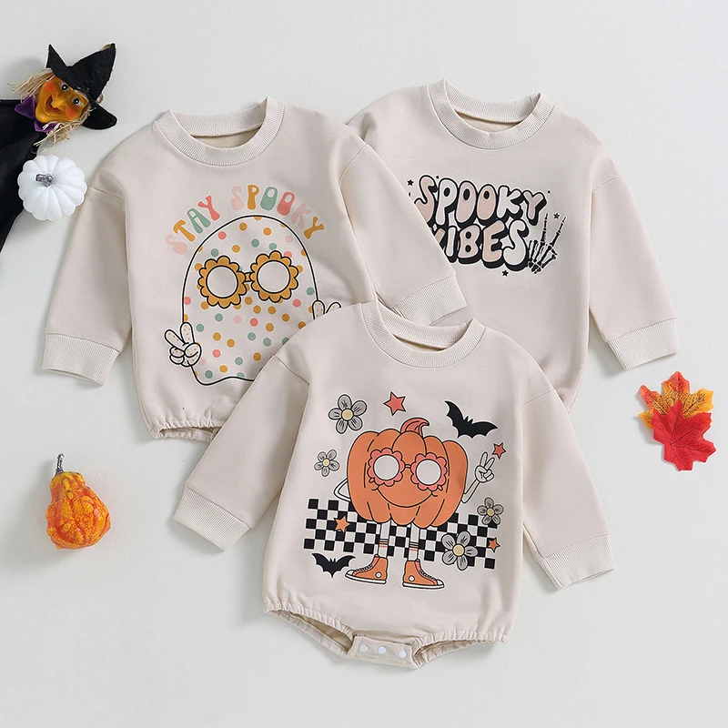 

Newborn Baby Girls Halloween Costume Fashion Romper Long Sleeve Crew Neck Letters Pumpkin Ghost Print Bodysuit