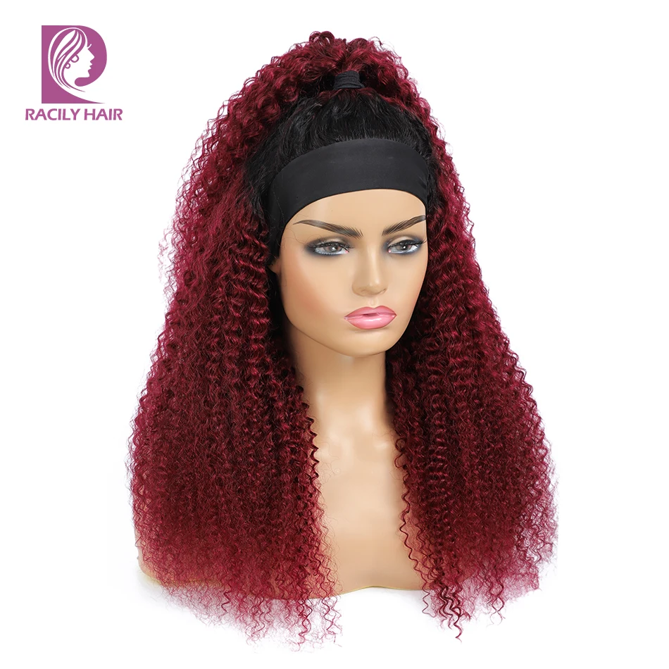Headband Wig Human Hair Kinky Curly Glueless Human Hair Wig Ombre 99J Full Machine Made Wig Brazilian Remy Hair Wigs For Women