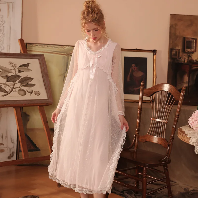 New Women's Spring Autumn Fairy Style Bowknot Lace Polka Dot Mesh Modal Lining Nightgowns Sleepshirts Sleepwear Pajama