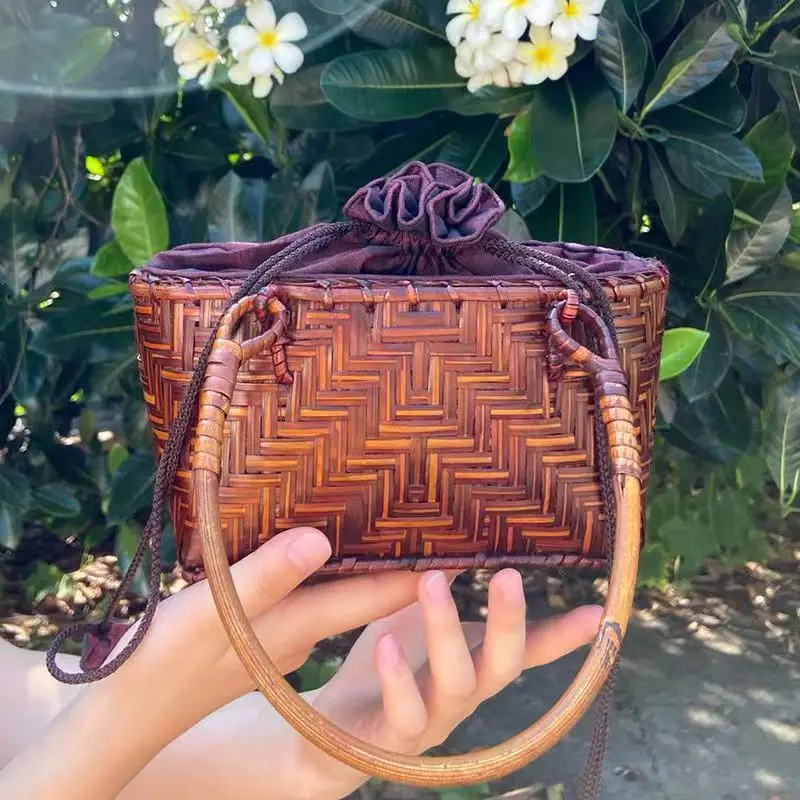 

Summer Hot Selling Bamboo Woven Women's Mini Handbag Vintage Handwoven ladies Beach Cabbage Basket Bag