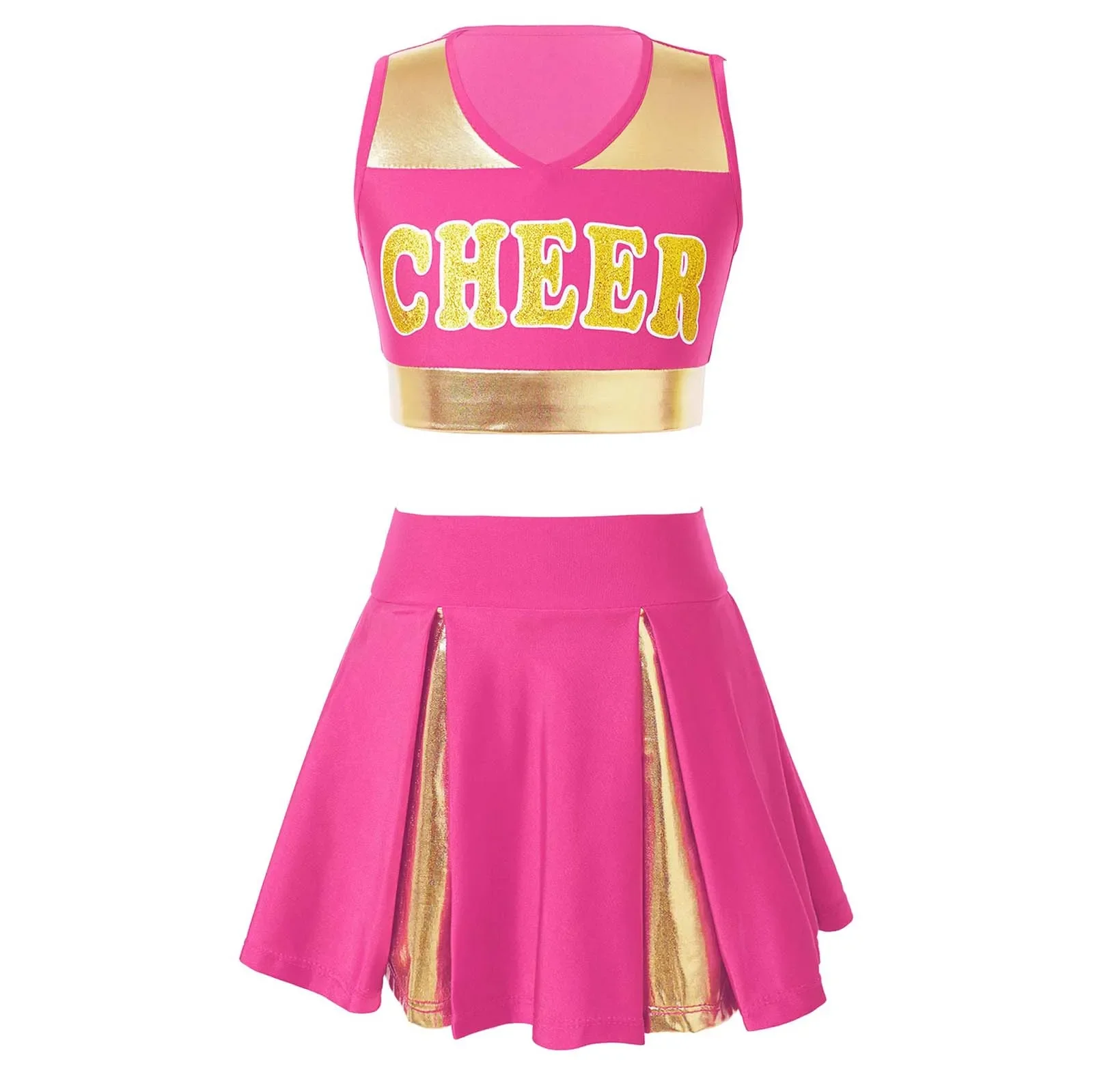 

Kids Girls Cheer Uniform Cheerleader Dance Costume Sleeveless V Neckline Letter Print Crop Top with Elastic Waistband Skirt