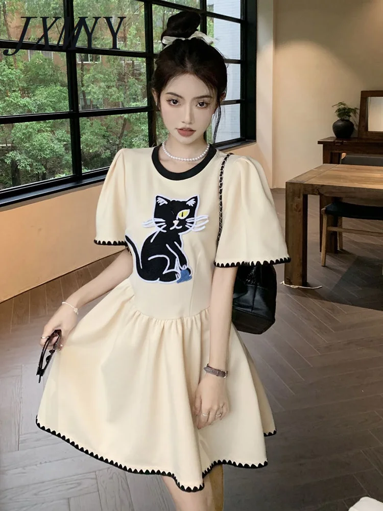 

JXMYY 2023 Spring And Summer New Cute Yyoung Round Neck Dress Fashionable Chic Beautiful Waist A- Line Skirt Women's Clothing