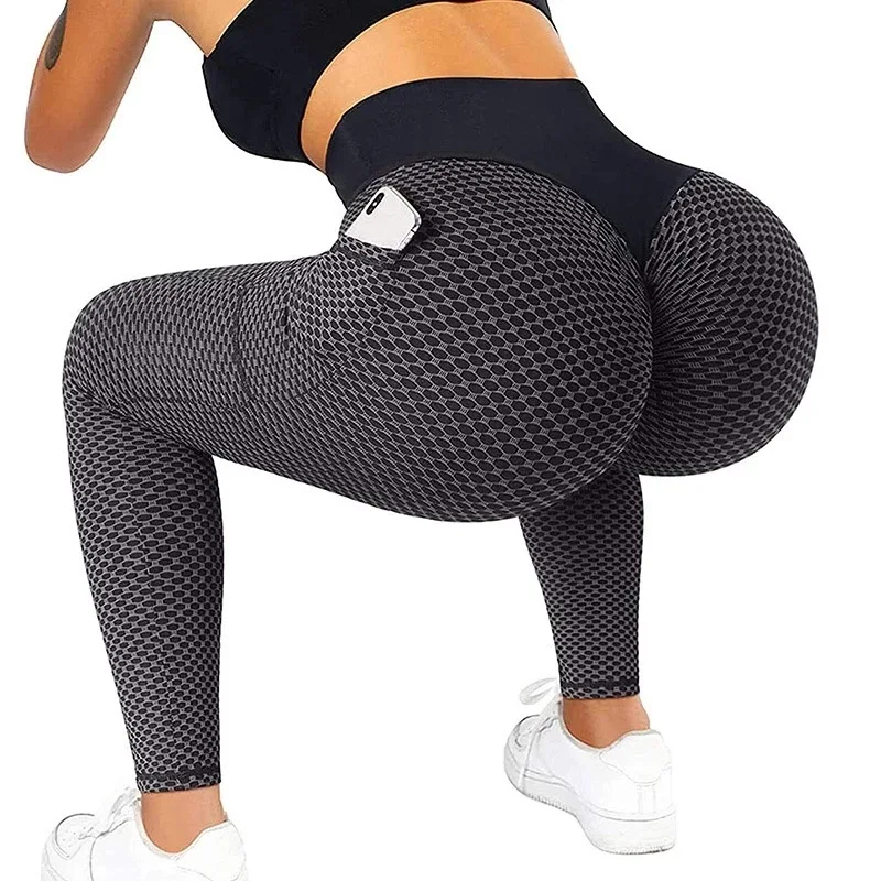 Seamless Women's Hip Pocket Honeycomb Leggings High Waist Pockets Large Size Yoga Pants Running Fitness Women's Trousers