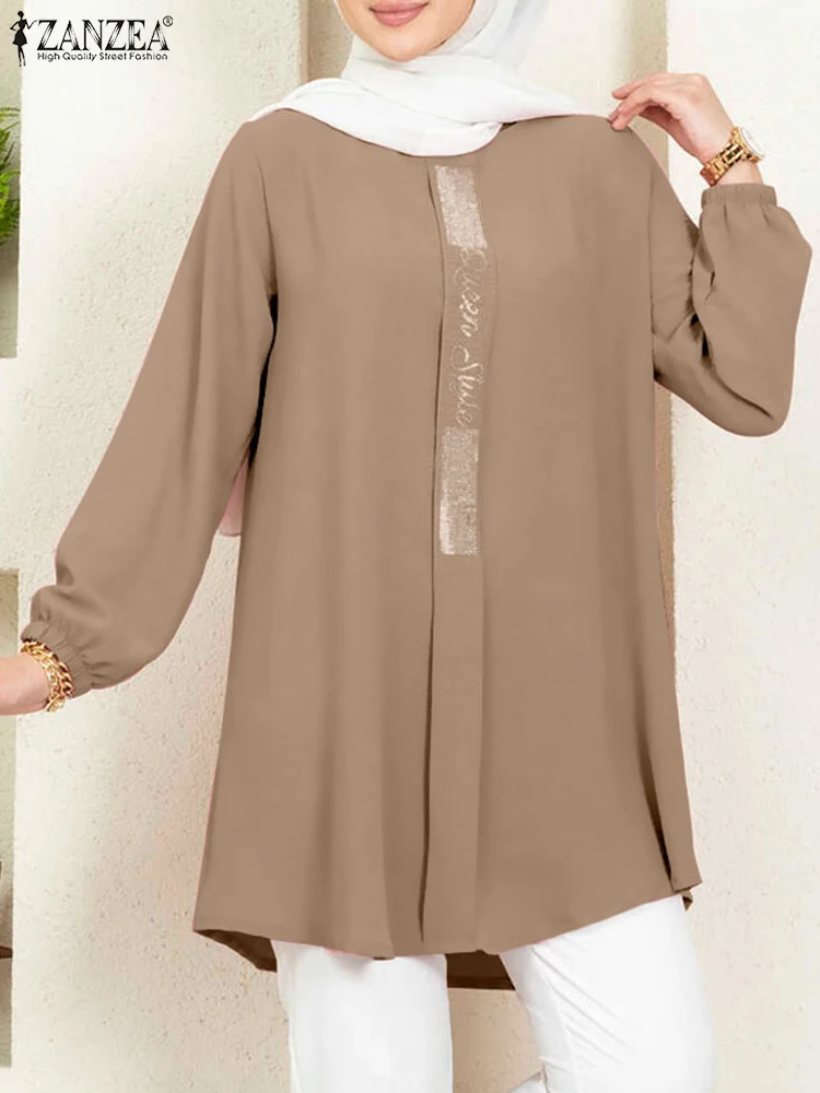 

Женская мусульманская блузка ZANZEA с длинным рукавом, модные топы с блестками, Повседневная однотонная Рамадана, Женская праздвечерние чная блузка, свободная туника