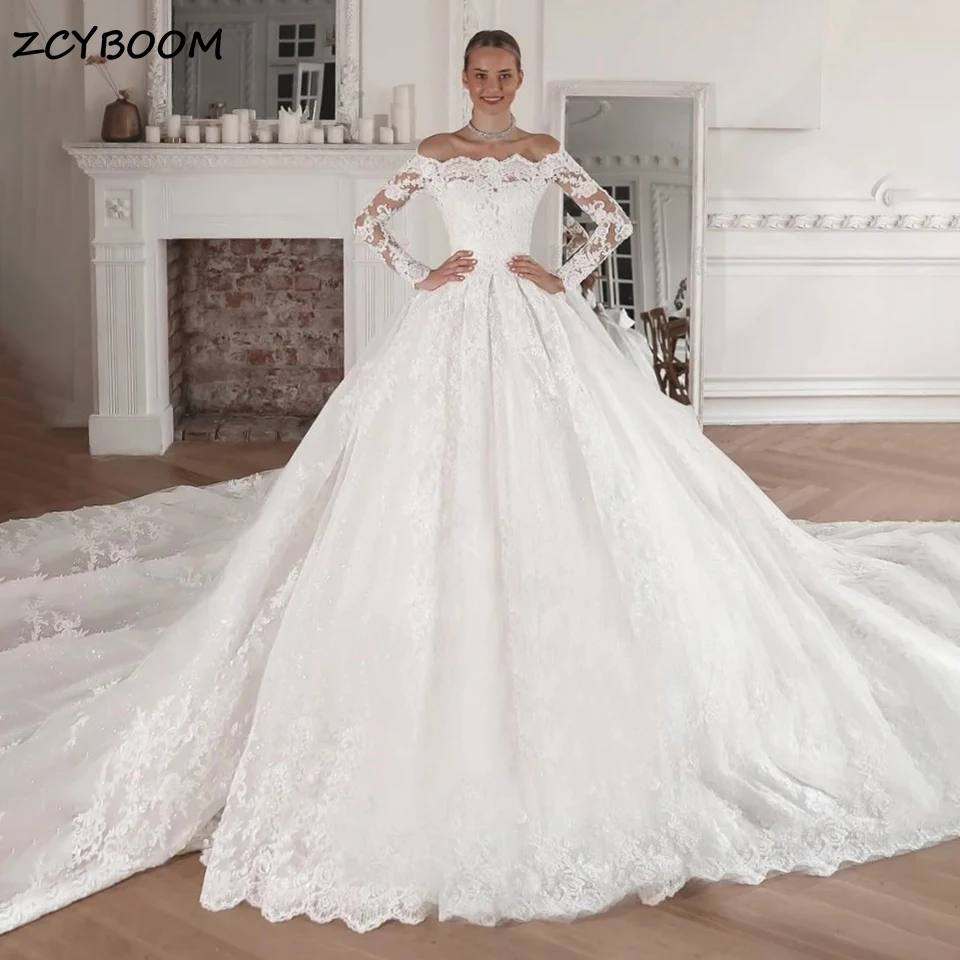

Elegant Boat Neck Lace Appliques Long Sleeves Wedding Dress 2023 Princess Ball Gown Cathedral Train Bride Gown Vestidos De Novia