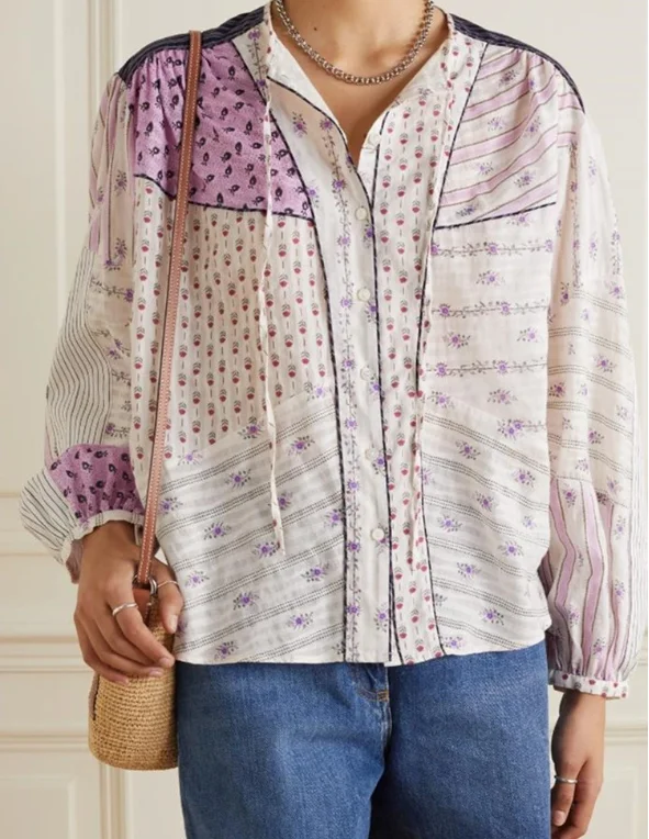 

Women Shirt Lace-up Patchwork O-neck Long Sleeve Single Breasted Chemise Vintage