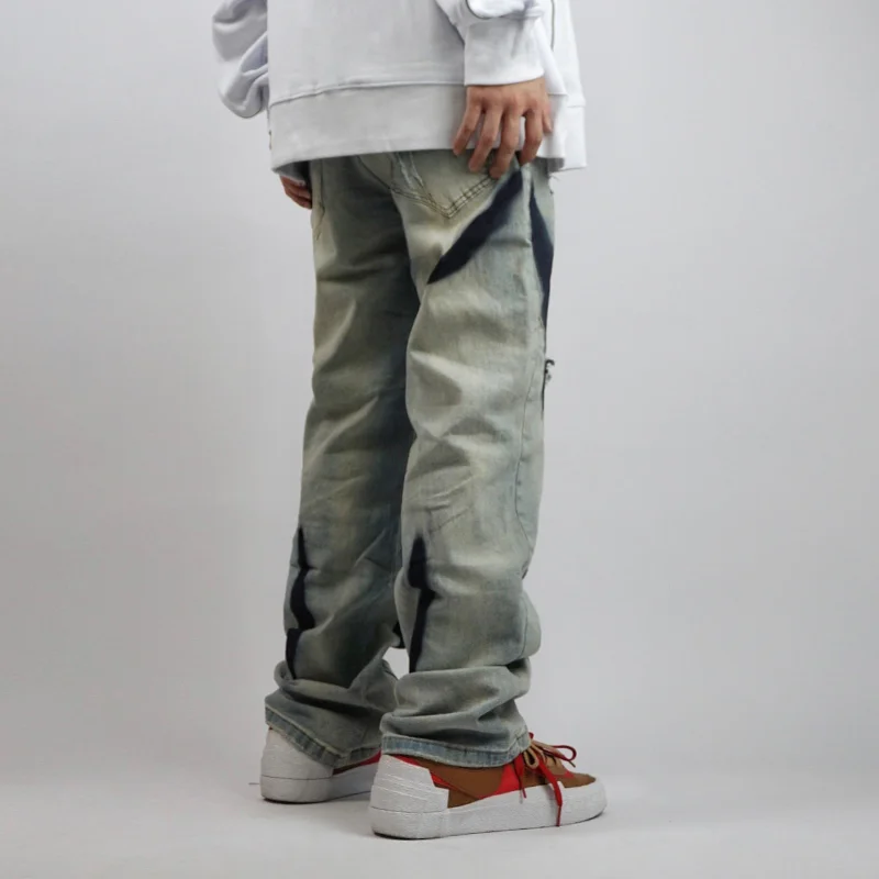 DEEPTOWN Y2K Patchwork Jeans Men Loose Ripped Denim Pants Male Casual Fashion Hole Trousers Streetwear Hip Hop Blue Striped