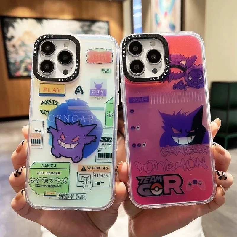 Купи Cartoon Fashion Pokémon Gengar Laser Phone Case For iPhone 14 13 12 11 Pro Max XR XS MAX X Couple Anti-drop Soft Back Cover Gift за 209 рублей в магазине AliExpress