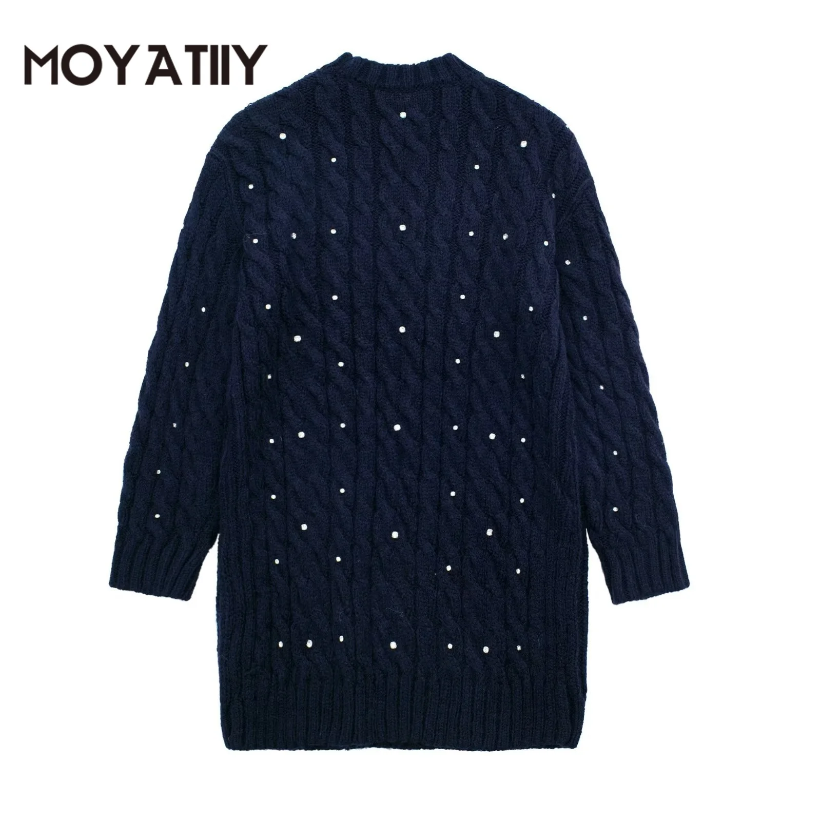 

MOYATIIY Women Spring Sweater Fashion Beading Shiny Design Oversize Pullover Sweaters Highneck Long Sleeve Female Tops