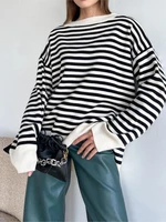 striped sweater pullovers for women casual loose long sleeves jumpers autumn winter female drop shoulder kintted tops