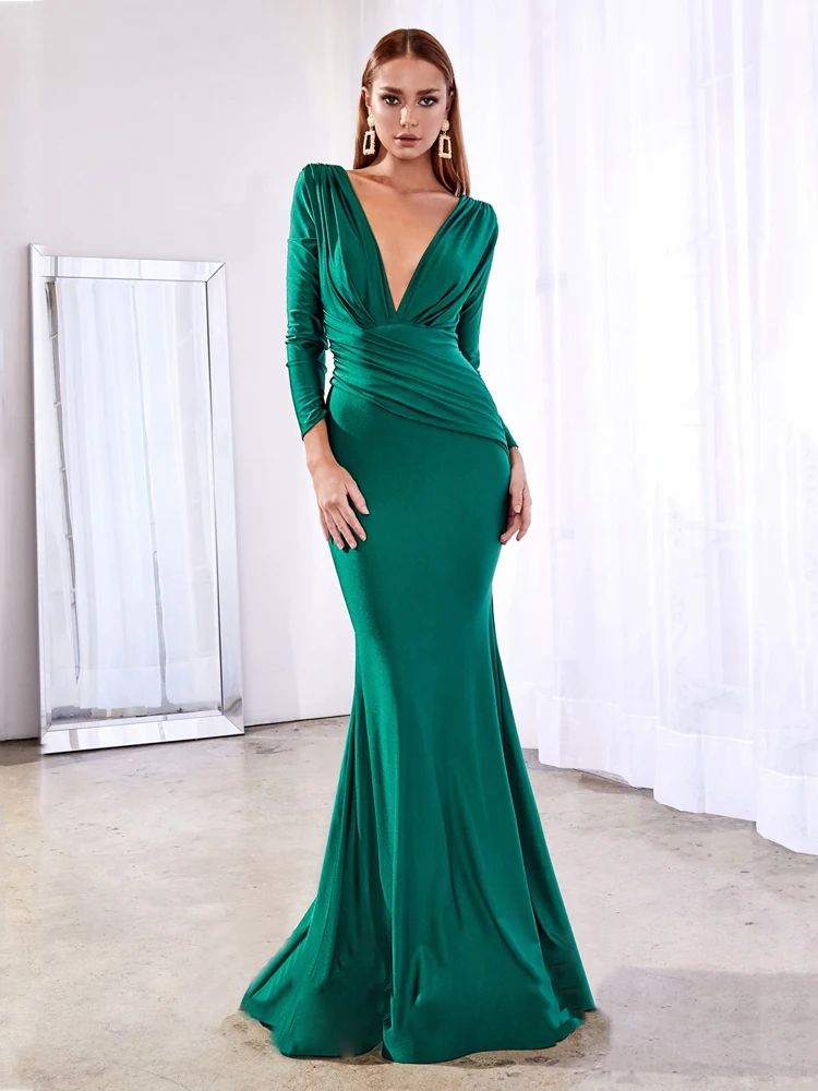 Женское атласное платье с юбкой-годе Бордовое V-образным вырезом длинным рукавом