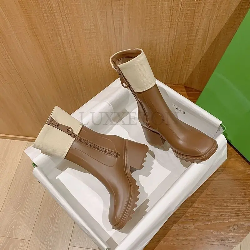 Women Short Boots Spring And Autumn Square Toe Women's Flanging Boots Mid-tube High Heel Boots Brown Boots Botas De Mujer