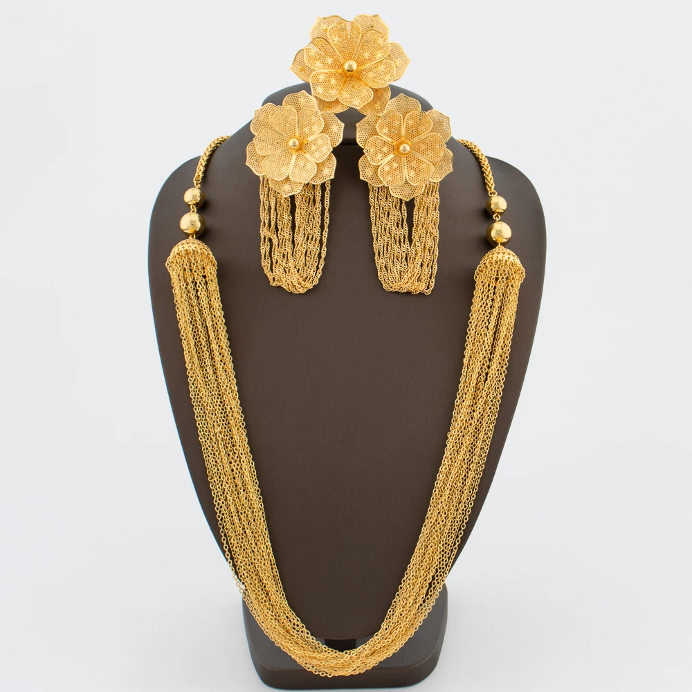

Dubai Bridal Jewelry Set Luxury Gold Plated Flower Design Tassel Earrings and Finger Ring Bohemia Weddings Jewelry Set for Party
