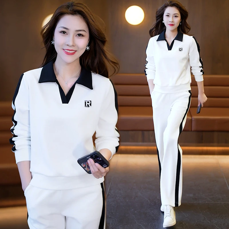 

Fashion Autumn Tracksuit Two Piece Sets For Women Korean 2023 Casual V-neck Sportswear Coat Wide Leg Pants Trousers Suit Outfit