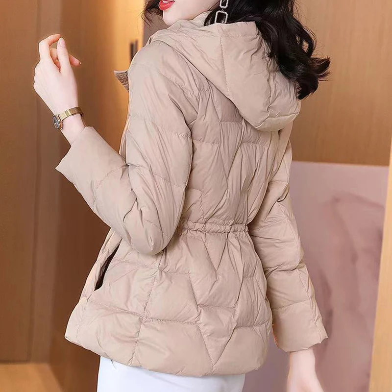 Hooded Slim Waist Thin Cotton Padded Parkas Elegant Warm Windproof  2023 Korean Long Sleeve Pockets Jacket