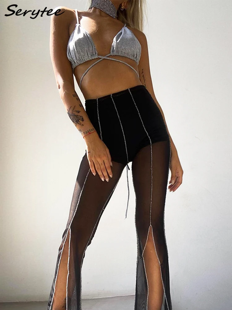 

Serytee Sexy Sheer Mesh See Through Split Black Pants For Women 2022 Summer High Waist Lace Patchwork Trousers Club Party Cloth