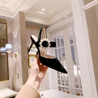 spring new pearl buckle high heels round buckle pointed suede annual meeting word buckle wedding shoes women