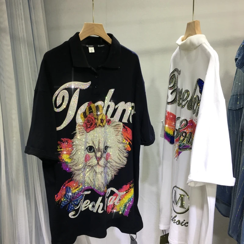 

Blingbling Shiny Cartoon Hot Drill Women Tshirts Cute Cat Turn-down Collar Short Sleeve Polo Shirt Autumn Mid-long Diamonds Top