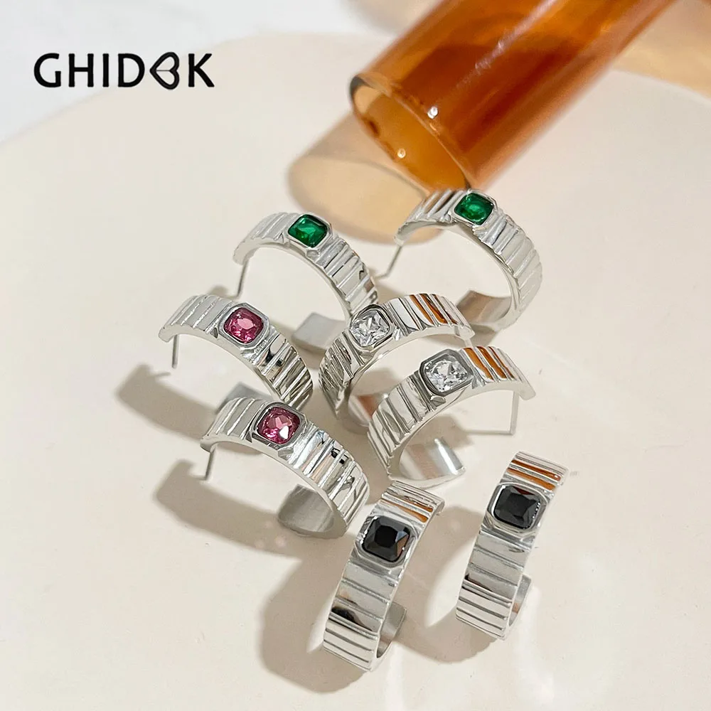 

GHIDBK Platinum Plated Colorful Square Cz Zircon Wide Open Textured Hoop Earrings Women Non Fade Stainless Steel Jewel Trend