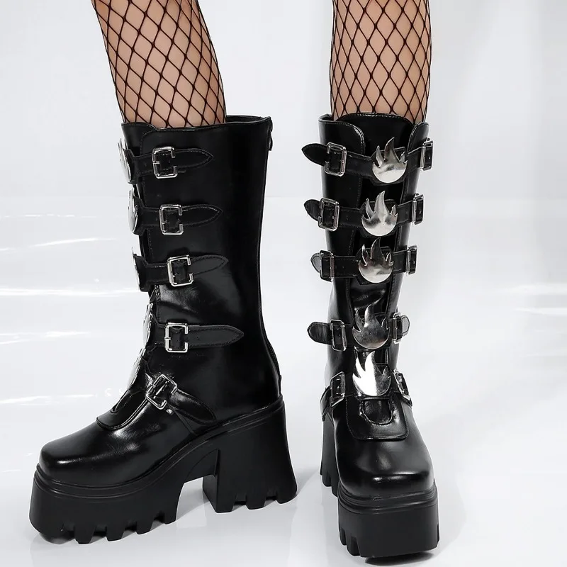 

Women's Boots Winter Plus Size Punk Shoe Halloween Witch Cosplay Platform High Wedges Heels Black Gothic Calf Boot Women Shoes