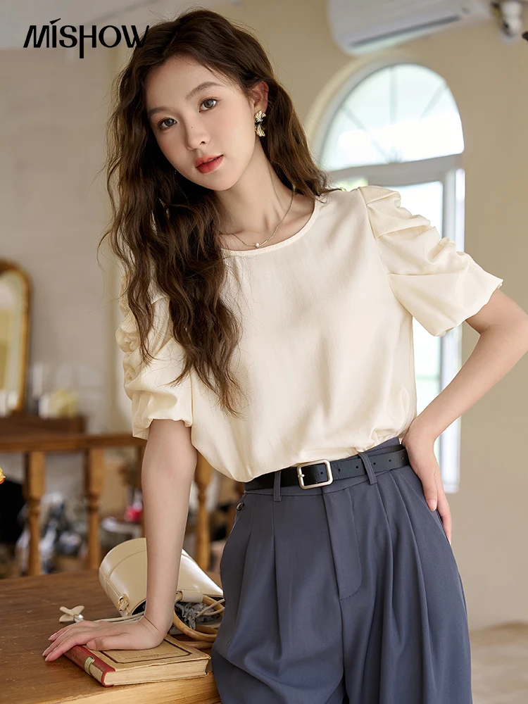 

MISHOW Chiffon Blouses for Women 2023 Summer Korean Puff Sleeve Pullover O Neck Solid LooseFemale Clothes Elegant Top MXC36X0026