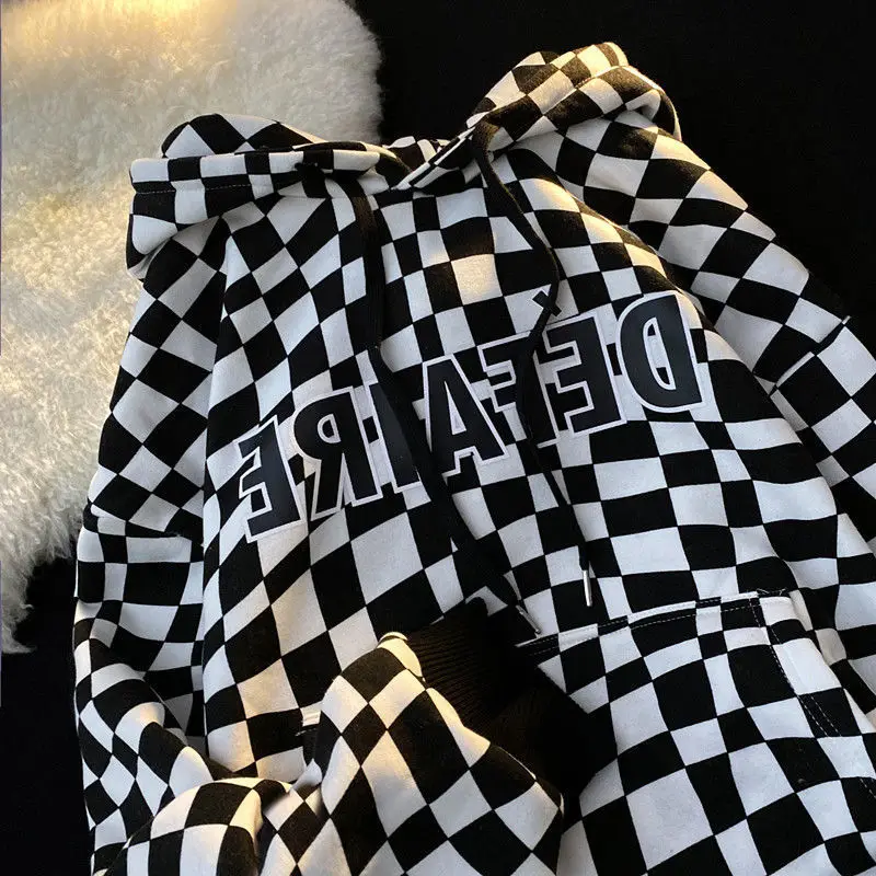 

Checkerboard plaid sweater female ins tide brand spring and autumn plus velvet loose bf lazy wind American hiphop jacket top