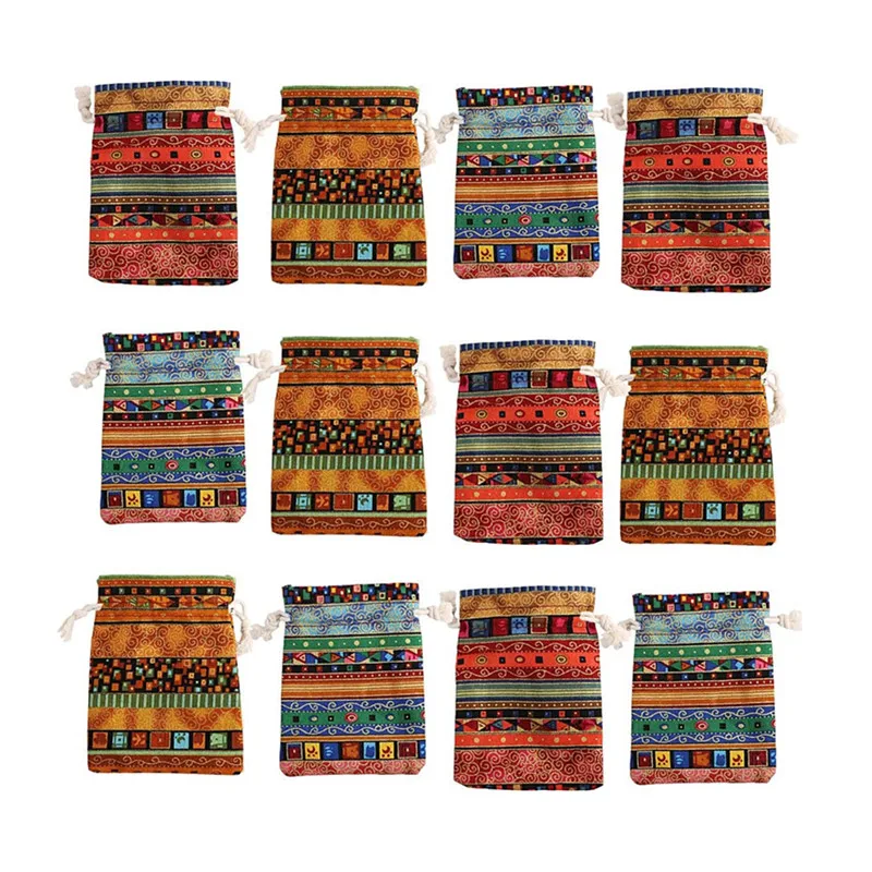 12 pc 10 x14cm Egyptian Jewelry Bag Aztec Print Drawstring Coin Purse Gift Pouch