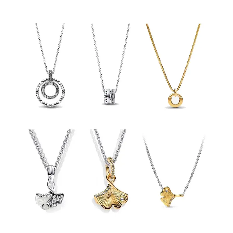 

PAN Signature LOGO Ginkgo Leaf 925 Sterling Silver Necklace For Women Chain With Gold I-D Pendant Birthday Girl Gift Jewelry