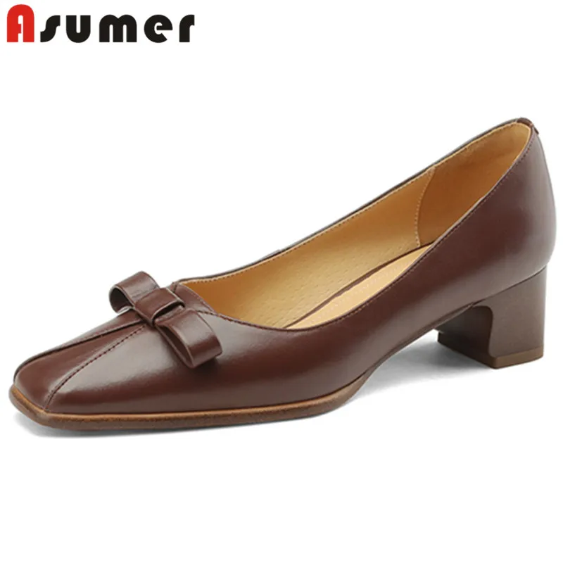 ASUMER 2023 New Size 33-40 Shallow Genuine Leather Shoes Woman Slip On Office Ladies Pumps Retro Square Med Heels Shoes