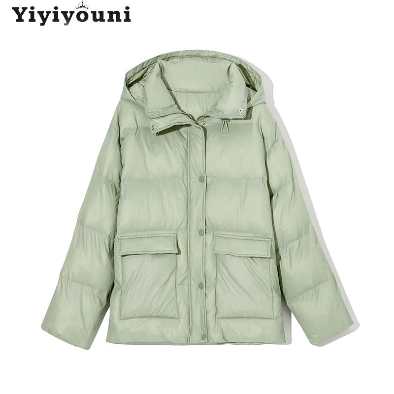 Yiyiyouni Hooded Thicken Bubble Coat Women Autumn Winter Cotton Liner Puffer Jacket Female Padded Parkas Solid Pockets Outerwear