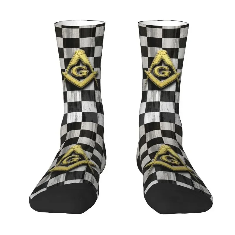 Square Compass And Checkers Dress Socks for Men Women Warm Fashion Masonic Freemason Crew Socks