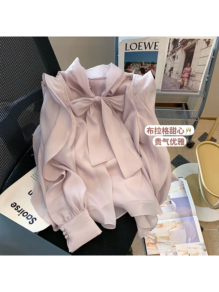 Women Autumn Shirts French Elegant Ruffles Long Sleeve Lace Up Tie Bow Blouses Casual Fashion Oversize Tops Sexy Pullover Tunic