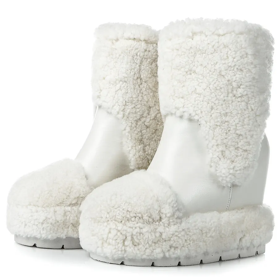 Winter Warm Fur Pumps Women Genuine Leather Wedges High Heel Snow Boots Female High Top Round Toe Fashion Sneakers Casual Shoes