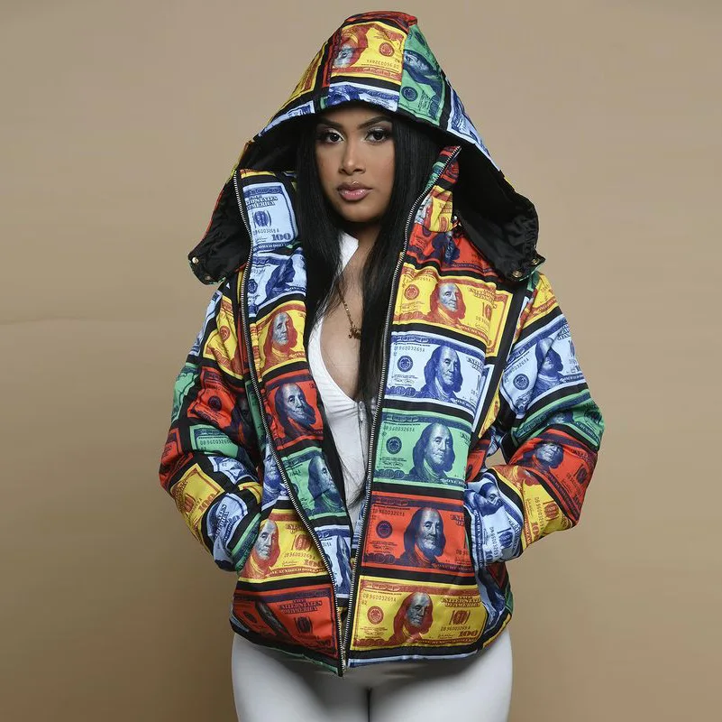 2022 Street Hipster Banknote Print Down Jacket Zip Top Jacket Jaqueta Feminina