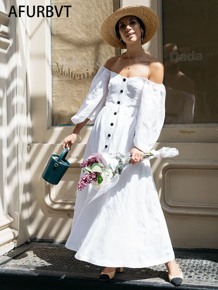 

Women Sexy Backless Midi Dress Summer Fashion Lady Slash Neck White Puff Sleeve Big Swing Party Beach Dresses Casual Robe Femme