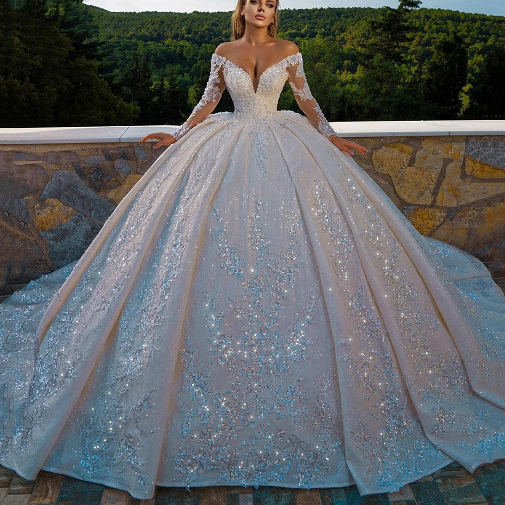 

2022 Luxury Wedding Dresses Ball Gown Puffy Long Sleeve Sequins Tulle Lace Crystal Vintage Formal Bride Dress Custom Made