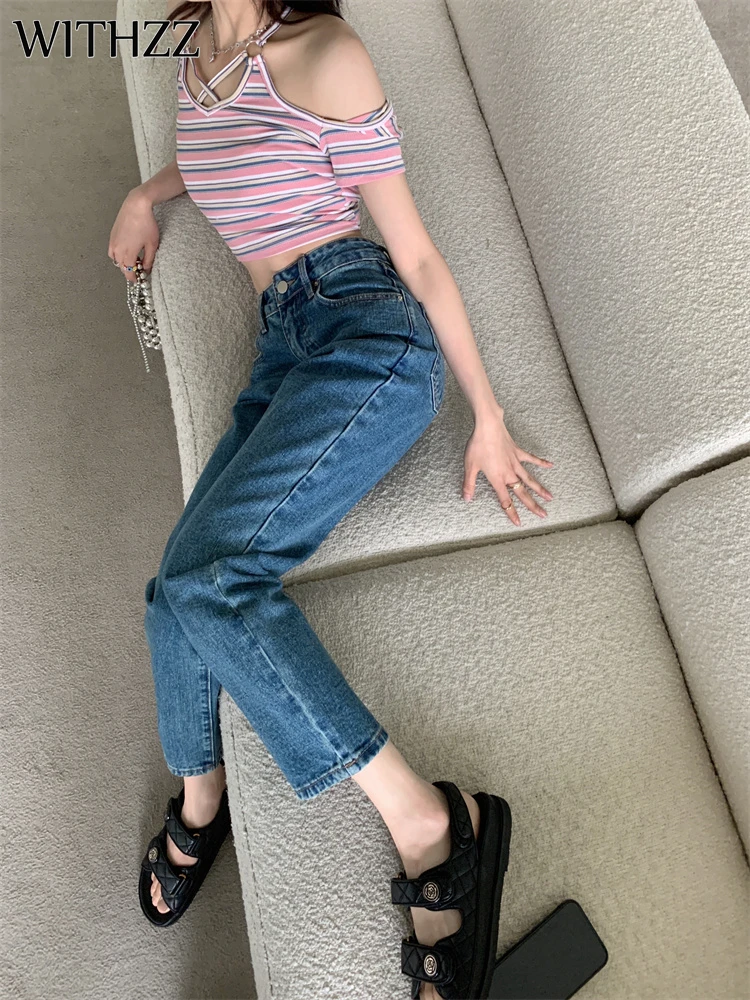 

WITHZZ Spring Summer Women Trousers Embroidery Blue Denim Straight Pants Casual High Waist Female Jeans