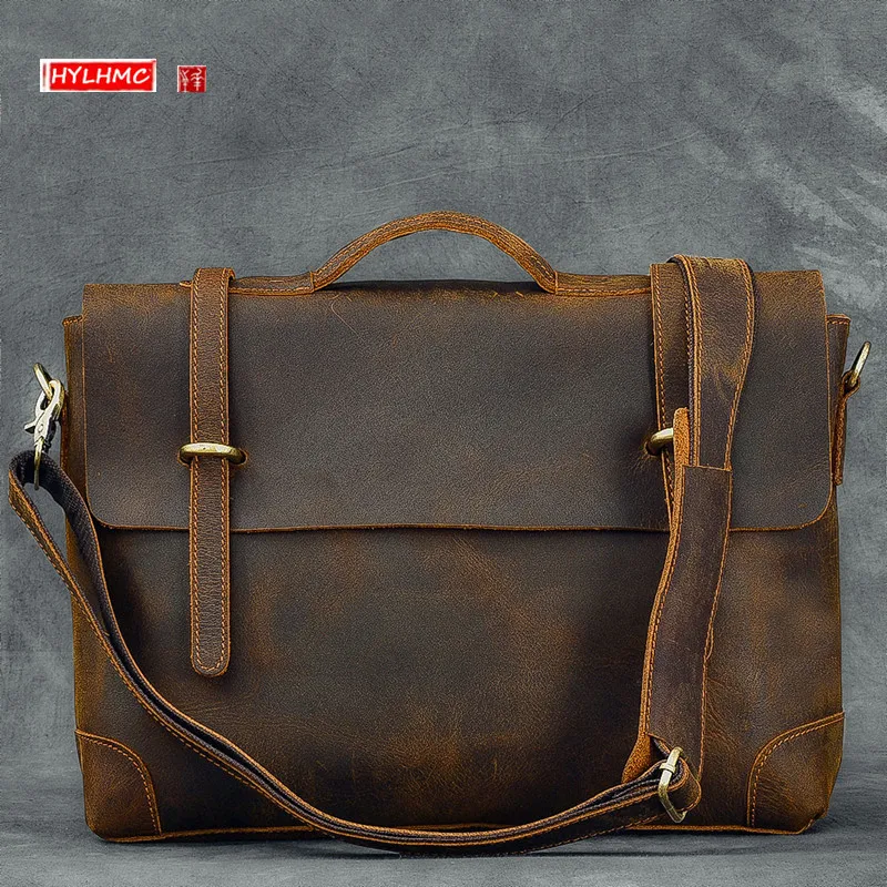 Genuine Leather Men Handbags Male 14 Inch Laptop Bag Business Briefcase Shoulder Messenger Bags Crazy Horse Leather Portable