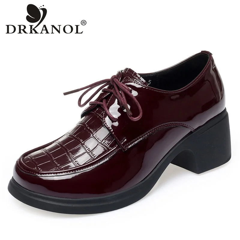 

DRKANOL Women Pumps Spring Autumn Split Leather Shoes Round Toe Patent Leather Crocodile Pattern Lace-Up Thick High Heel Shoes