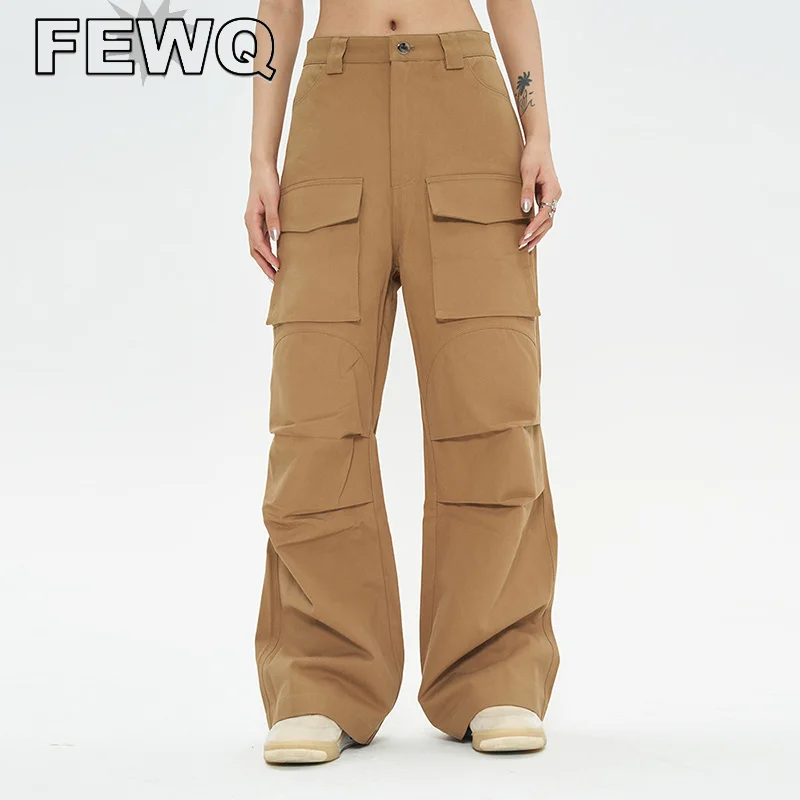 

FEWQ Hip Hop Pleated Cargo Pants Solid Color Pocekts Overalls Men's Safari Style Trouses Solid Color 2023 Spring Tide New 24B959