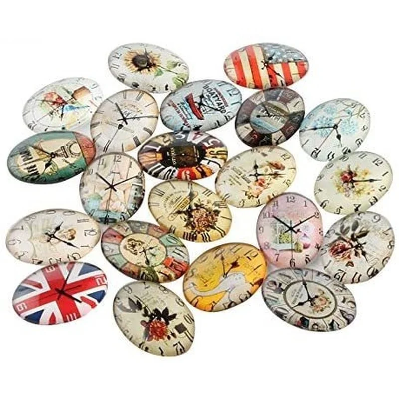 

100Pcs Glass Oval Flatback Cabochons Flower Background Clock Theme Ornaments for DIY Craft