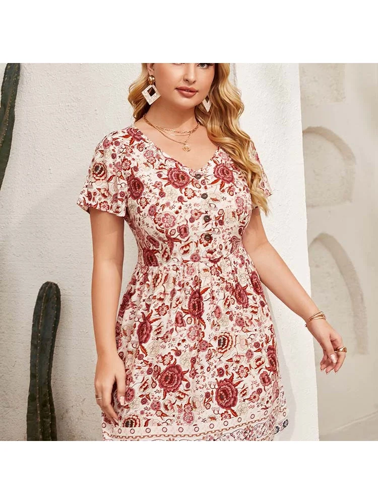 Mid-skirt V-neck temperament commuter print floral dress temperament color-block dress Middle East plus size women clothing