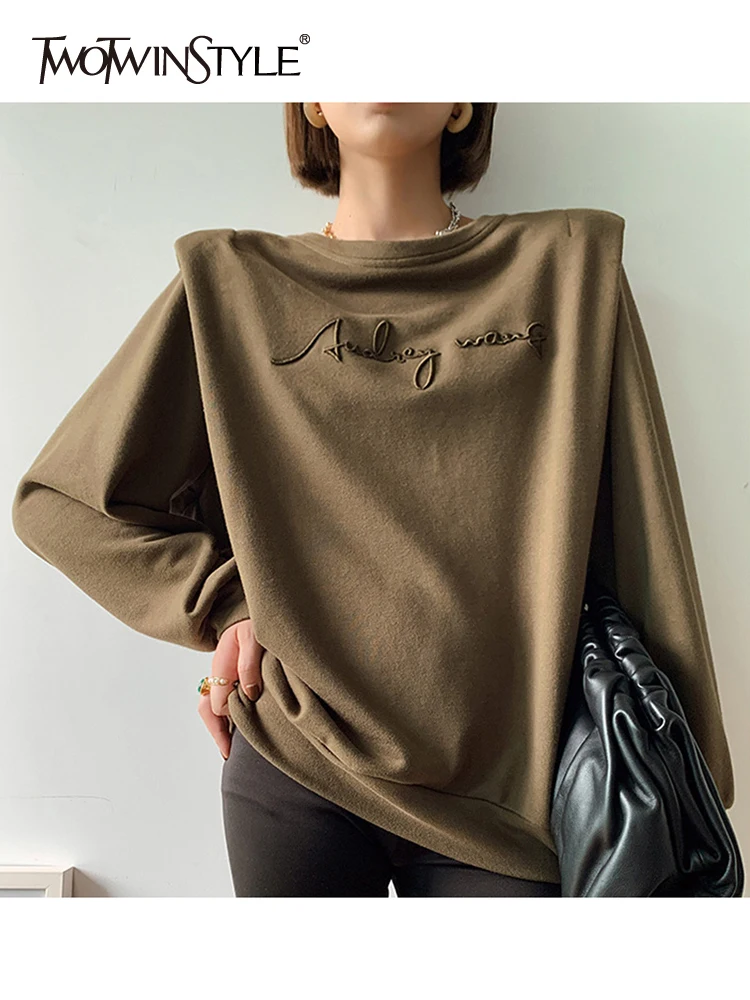 

TWOTWINSTYLE Coffee Pullovers For Women Loose Embroidery O Neck Long Sleeve Casual Sweatshirts Female 2021 Autumn Fashion New