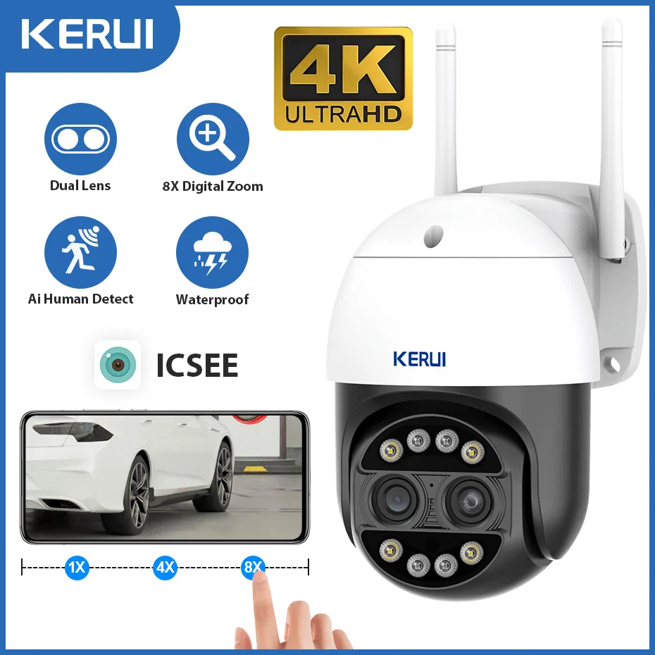 KERUI 8MP 4K 8x Hybrid Zoom Camera Outdoor Dual Lens PTZ IP Camera WiFi Ai Human Detection Audio Security Surveillance Camera