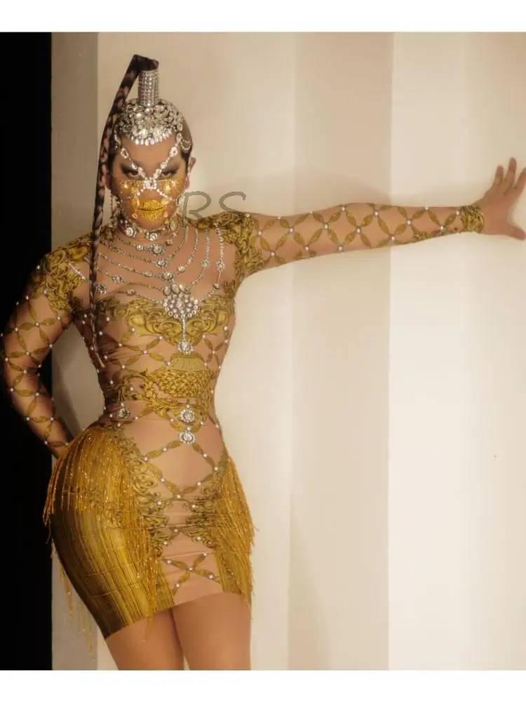 

Women Dance Show Singer Costume Silver Rhinestone Pearls Gold Pattern Fringes Short Dress
