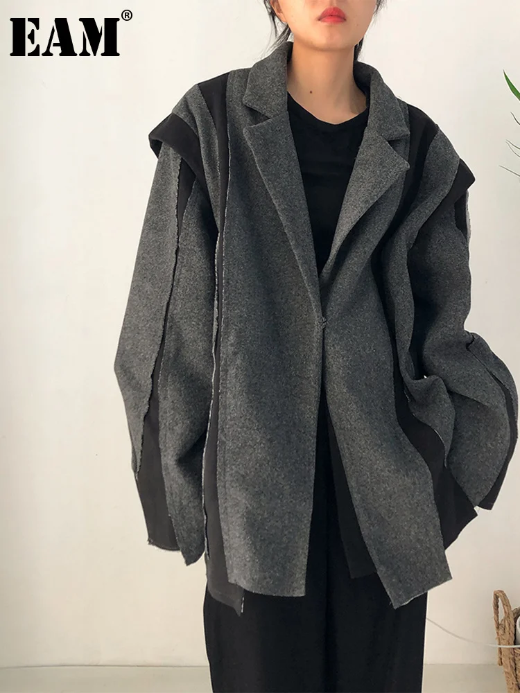 

[EAM] Loose Fit Gray Color-block Big Size Woolen Coat Parkas New Long Sleeve Women Fashion Tide Autumn Winter 2022 1DF0391